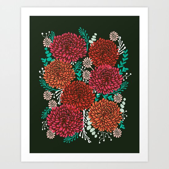 Chrysanthemums - Floral, Flower, Vintage, Design, Illustration by Andrea Lauren Art Print