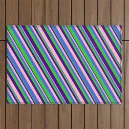 [ Thumbnail: Pink, Royal Blue, Lime Green, and Indigo Colored Lined/Striped Pattern Outdoor Rug ]