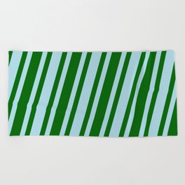 [ Thumbnail: Light Blue & Dark Green Colored Stripes Pattern Beach Towel ]