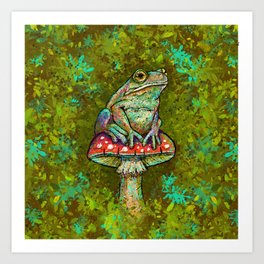 Frankie Frog on a Mushroom with Foliage Art Print