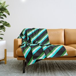 [ Thumbnail: Forest Green, Mint Cream, Cyan & Black Colored Striped Pattern Throw Blanket ]
