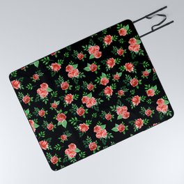 Roses Pattern on Black Background Picnic Blanket