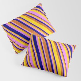 [ Thumbnail: Chocolate, Yellow, Violet, and Blue Colored Lined/Striped Pattern Pillow Sham ]