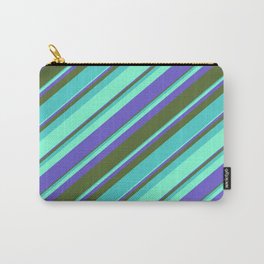 [ Thumbnail: Aquamarine, Slate Blue, Dark Olive Green, and Turquoise Colored Lines Pattern Carry-All Pouch ]