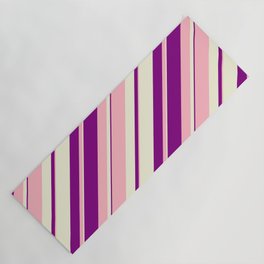 [ Thumbnail: Light Pink, Beige, and Purple Colored Lined/Striped Pattern Yoga Mat ]