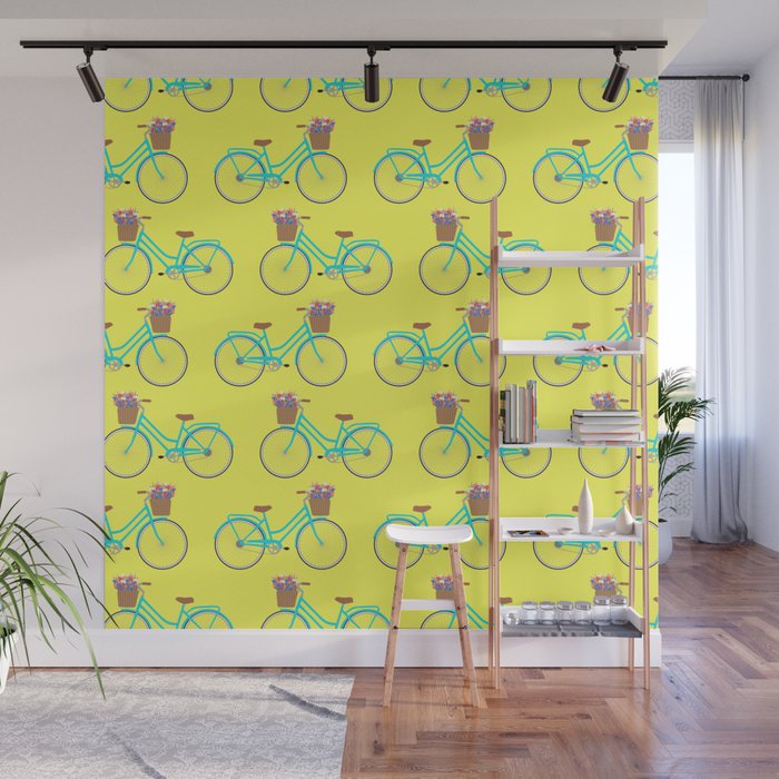 Bicycle with flower basket on yellow Wall Mural