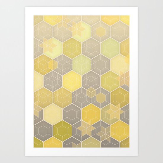 Lemon & Grey Honeycomb Art Print
