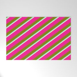 [ Thumbnail: Deep Pink, Green, Aquamarine, and Light Yellow Colored Lined/Striped Pattern Welcome Mat ]