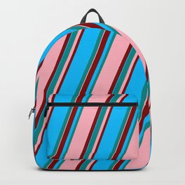 [ Thumbnail: Dark Cyan, Light Pink, Maroon & Deep Sky Blue Colored Lined Pattern Backpack ]