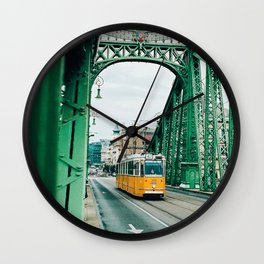 Yellow tram on green bridge in Budapest, Hungary | Travel Photography, film photography Art Print  Wall Clock