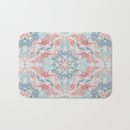Vintage Fancy - a Pattern in Pale Blue, Navy & Deep Rose Bath Mat