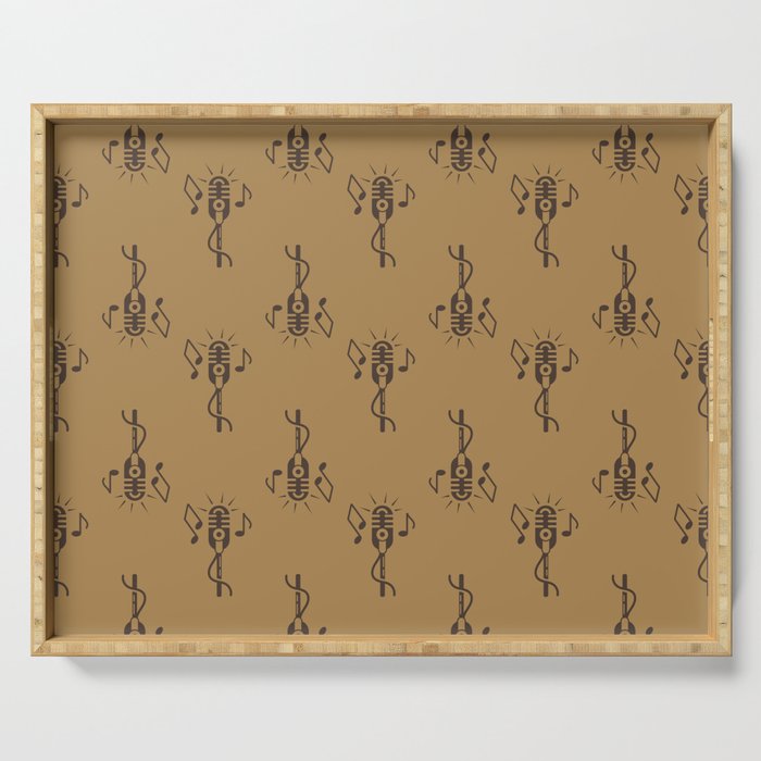 Black Retro Microphone Pattern on Gold Brown Serving Tray