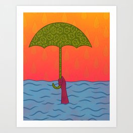 Umbrella for the Ocean Art Print | Raindrops, Surreal, Blue, Orange, Umbrella, Tears, Bright, Digital, Ocean, Neon 