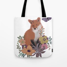 Cute red fox and butterfly in garden Tote Bag