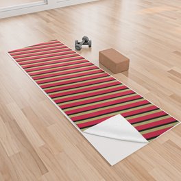 [ Thumbnail: Dark Khaki, Crimson, and Black Colored Striped/Lined Pattern Yoga Towel ]