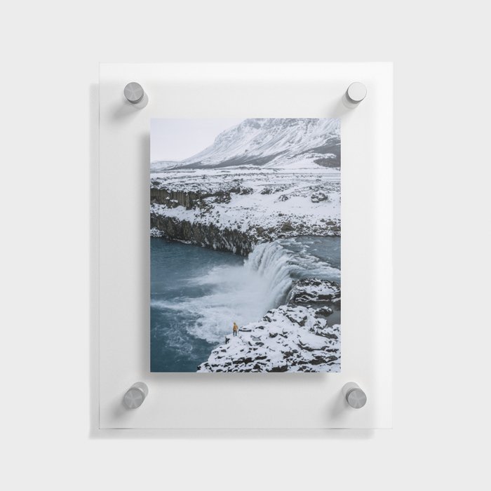 Waterfall in Icelandic highlands during winter with mountain - Landscape Photography Floating Acrylic Print