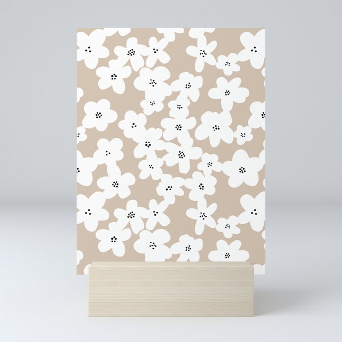 Modern Tan White Flowers Matisse Inspired Mini Art Print