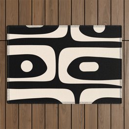 Mid Century Modern Piquet Abstract Pattern in Black and Almond Cream Outdoor Rug