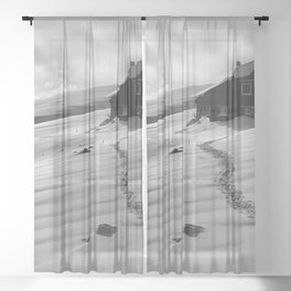 Snowcapped alpine mountain cottage - cabin winter landscape black and white photograph - photography - photographs Sheer Curtain