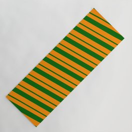[ Thumbnail: Dark Orange & Dark Green Colored Striped/Lined Pattern Yoga Mat ]