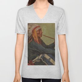Chief Flat Iron smoking peace pipe Sioux First Nations American Indian portrait painting by Joseph Henry Sharp V Neck T Shirt