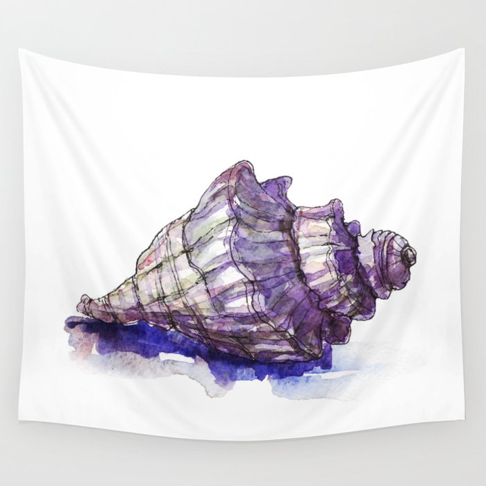 Watercolor Seashell Painting on White 1 Minimalist Coast - Sea - Beach - Shore Wall Tapestry