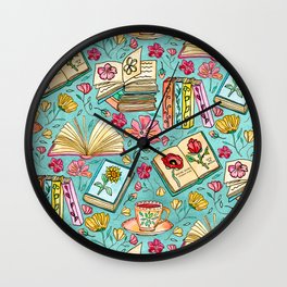 Blooms and Books on Blue Wall Clock