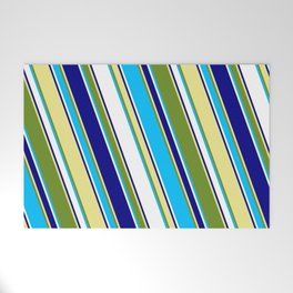 [ Thumbnail: Eyecatching Green, Deep Sky Blue, White, Blue, and Tan Colored Stripes/Lines Pattern Welcome Mat ]