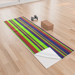 [ Thumbnail: Chartreuse, Red, and Midnight Blue Colored Striped Pattern Yoga Towel ]