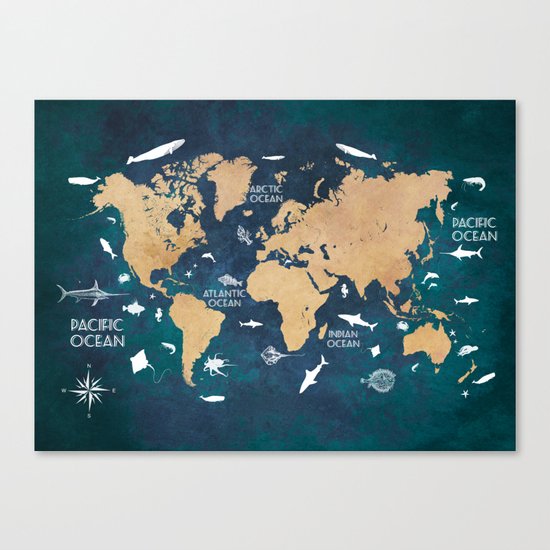 World Map Oceans Life blue Canvas Print