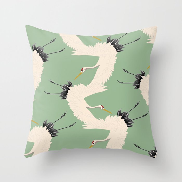 Japanese Cranes on Sage Green Background Throw Pillow