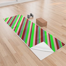 [ Thumbnail: Slate Gray, Dark Red, Light Pink, and Lime Colored Stripes/Lines Pattern Yoga Towel ]