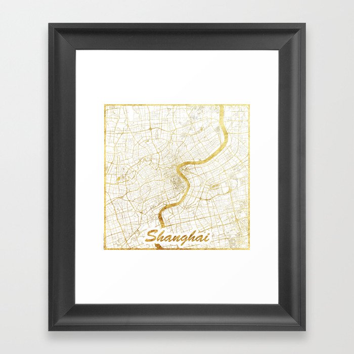 Shanghai Map Gold Framed Art Print