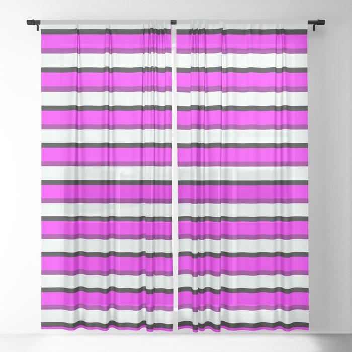 Vibrant Black, Magenta, Purple, and Mint Cream Stripes Pattern Sheer Curtain