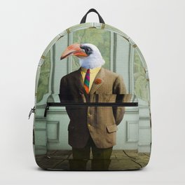 Harvey Hornbill in the Parlor Backpack | Surreal, Antique, Rainforest, Hornbill, Gift Guide Ideas, Apparel, Bird, Framed Prints, Portrait, Suit 