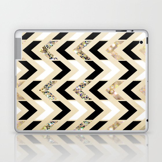 Black, White & Gold Glitter Herringbone Chevron on Nude Cream Laptop & iPad Skin