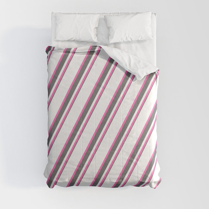 White, Hot Pink & Dim Gray Colored Striped Pattern Comforter