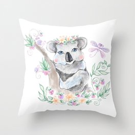 Baby koala with blue eyes and flowers Throw Pillow