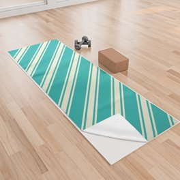 [ Thumbnail: Light Sea Green & Beige Colored Lined/Striped Pattern Yoga Towel ]
