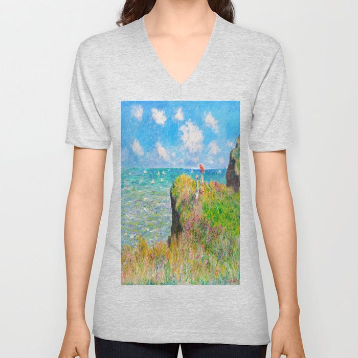 Claude Monet (French, 1840-1926) - Cliff Walk at Pourville (Promenade sur la falaise, Pourville) - 1882 - Impressionism - Landscape painting - Oil on canvas - Digitally Enhanced Version - V Neck T Shirt