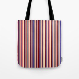 [ Thumbnail: Eyecatching Grey, Dark Slate Blue, Maroon, Beige, and Light Coral Colored Striped Pattern Tote Bag ]