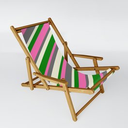 [ Thumbnail: Hot Pink, Dim Gray, Beige, and Green Colored Stripes Pattern Sling Chair ]