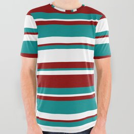 [ Thumbnail: Dark Red, Dark Cyan, and White Colored Striped Pattern All Over Graphic Tee ]