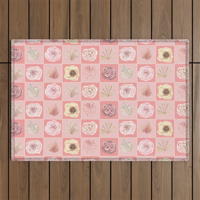Dried Flowers Pattern in Light Pink and Light Coral and Cream With Flowers and Large Leaves  Outdoor Rug