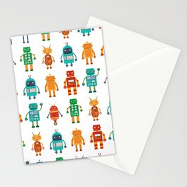 Seamless pattern from colorful retro robots in a flat style on a white background. Vintage illustration.  Stationery Card