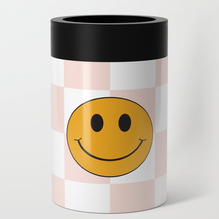 Smiley Face Pink & White Checker Pattern Can Cooler