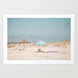 At the Beach - The two Umbrellas, minimal beach photography by Ingrid Beddoes Art Print