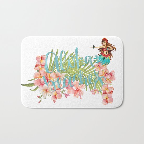 Aloha- Alohabeaches with tropical flowers Palm leaf and Hula Girl Bath Mat