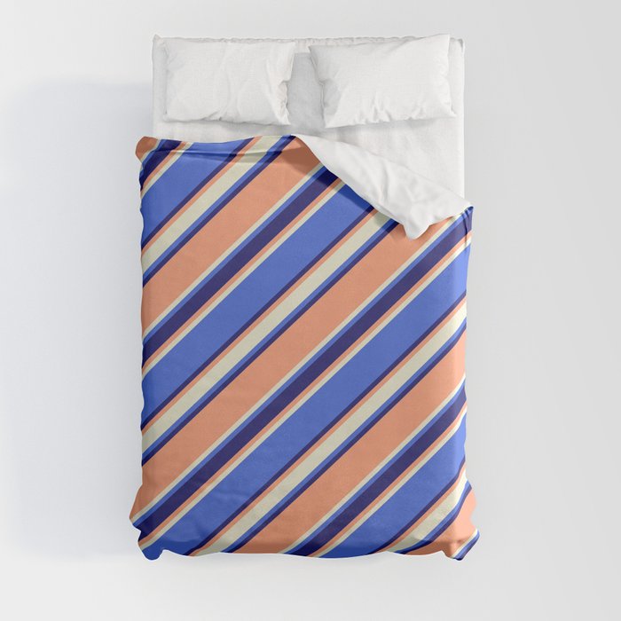 Light Salmon, Beige, Royal Blue & Midnight Blue Colored Stripes/Lines Pattern Duvet Cover