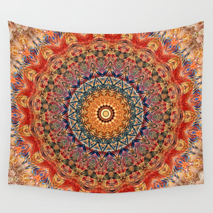 Indian Summer I - Colorful Boho Feather Mandala Wall Tapestry